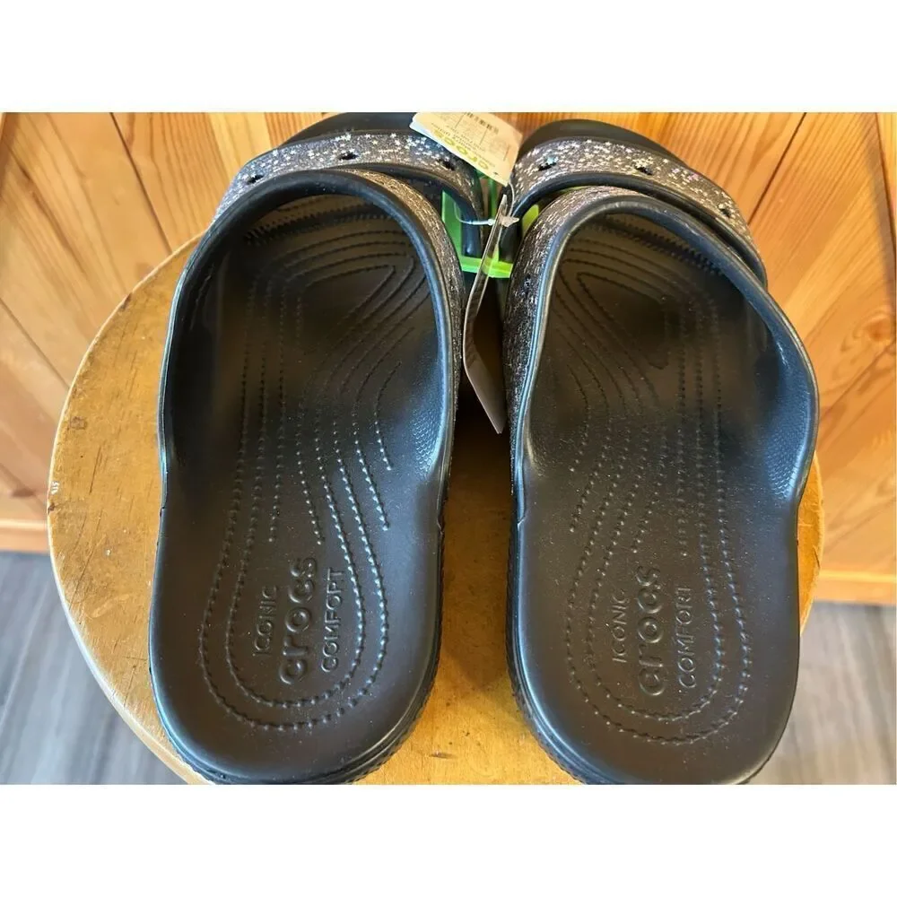 Crocs Classic Starry Glitter Sandals Double Strap Slides Black Blue Mens 12 nwt